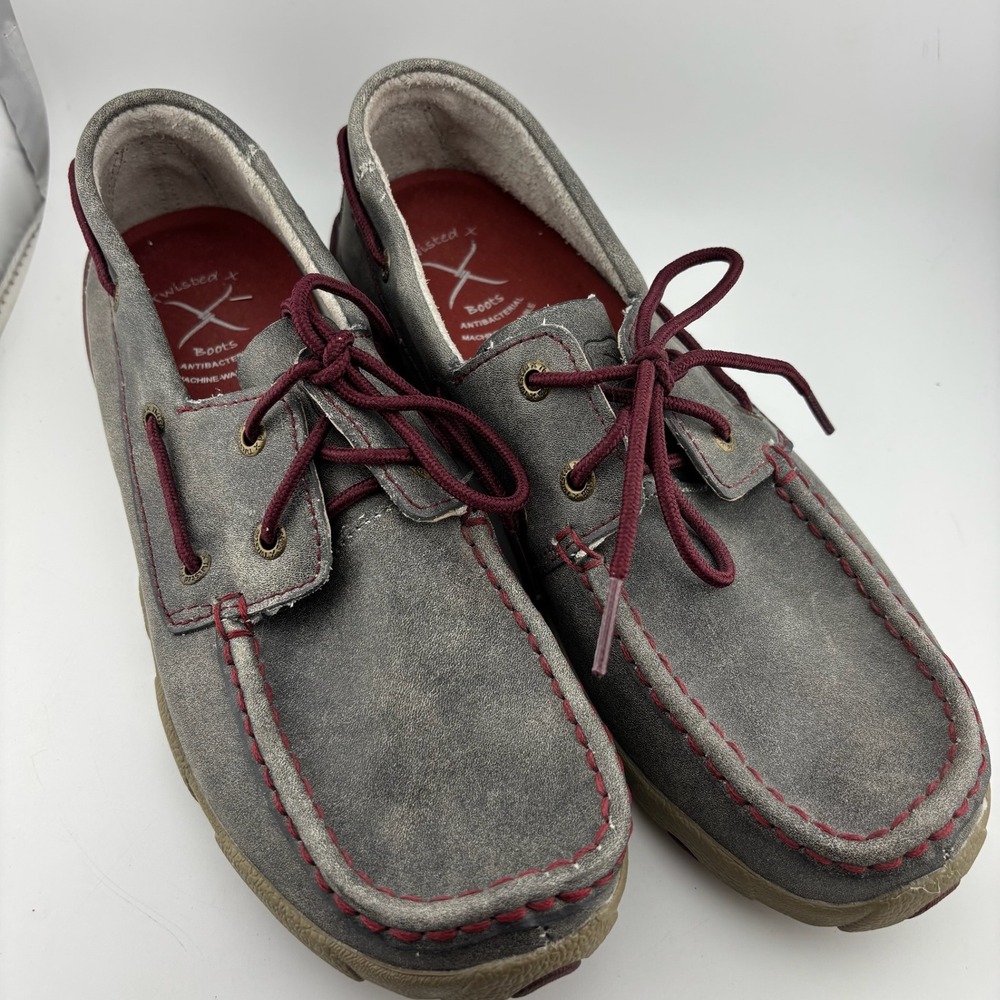 Twisted X Driving Mocs 8.5M Gray Burgundy Excellent Leather Boat Shoes WDM0121
